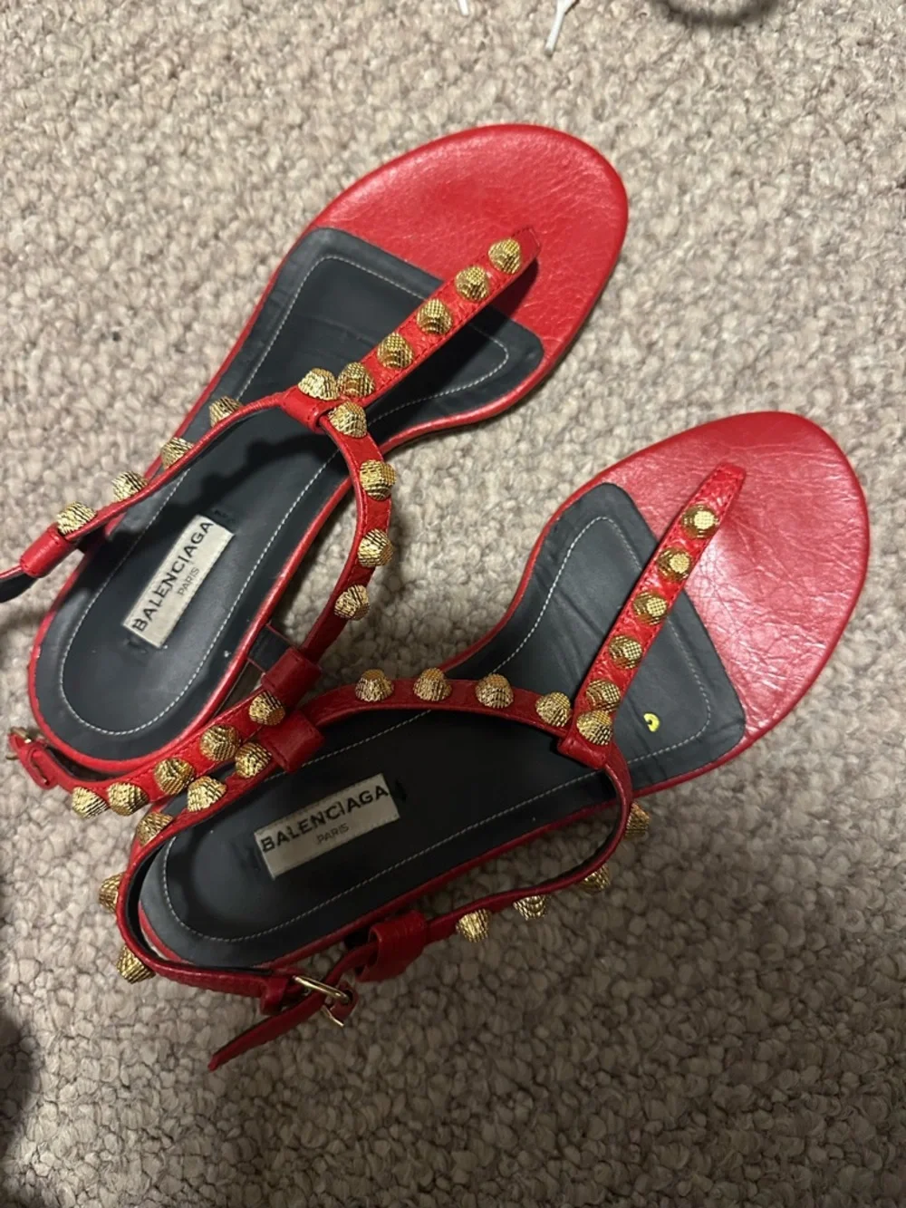 Balenciaga Red Leather Studded T-Strap Sandals with Gold Accents - Picture 1 of 5